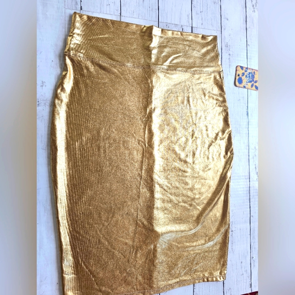 NEW Hybrid & Company Metallic Gold Wet Look High Waist Stretchy Bodycon Skirt - Picture 6 of 12